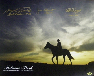 Jean Cruguet signed Seattle Slew Belmont Stakes Winners Belmont Park Sunrise 16x20 Photo w/ 3 Sigs