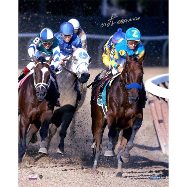American Pharoah signed 16x20 Photo 2015 Belmont Stakes Ahead of Pack Horse Racing Triple Crown w/ Victor Espinoza- Steiner Holo