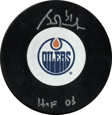 Grant Fuhr signed Edmonton Oilers Logo Hockey Puck #31 HOF 03- Beckett Witnessed