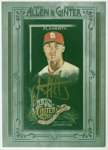 Jack Flaherty signed 2022 Topps Allen & Ginter Mini Framed Auto Card #MA-JF- /5 (St. Louis Cardinals/Signed in Gold)