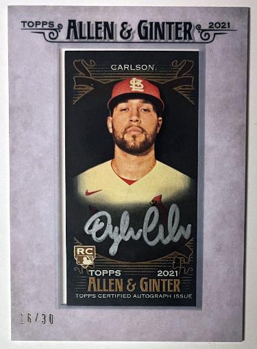 Dylan Carlson signed 2021 Allen & Ginter Rookie Framed Silver Mini Auto Card- /30 (signed in Silver/St. Louis Cardinals)