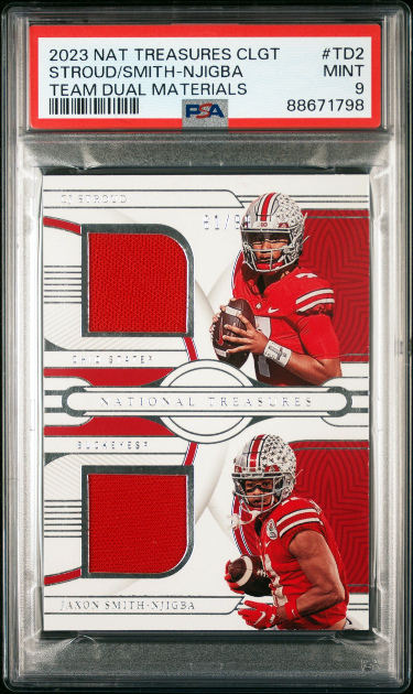 Stroud/Smith-Njigba 2023 National Treasures Collegiate OSU Team Dual RC Patch #TD2 /99 PSA Graded 9 Mint (Ohio St)