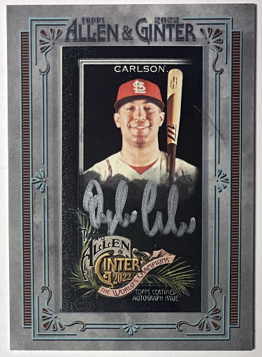 Dylan Carlson signed 2022 Topps Allen & Ginter X Dylan Silver Framed Mini Auto Cardinals Card SP 46/50