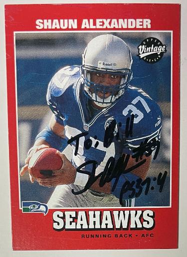 Shaun Alexander signed 2001 Upper Deck Vintage On Card Auto #157 To Bill/PS 37:4- COA (Seattle Seahawks)