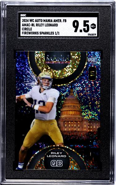 Riley Leonard 2024 Wildcard Auto Mania Circle Fireworks Sparkles Rookie Card #AMAC-RL-1/1- SGC Graded 9.5 Mint+ (Notre Dame)