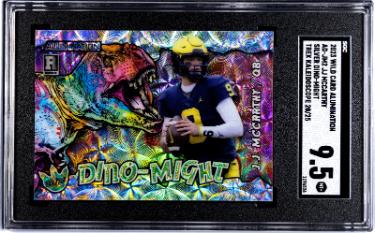 JJ McCarthy 2023 Wild Card Alumination Silver Dino-Might T-Rex Kaleidoscope Rookie Card (RC) #AD-JM2- /25- SGC Graded 9.5 Mint+