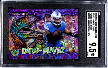 Jahmyr Gibbs 2023 Wild Card Alumination Purple Dino-Might Raptor Kaleidoscope Rookie Card #AD-JG- /8-SGC Graded 9.5 Mint+ Lions
