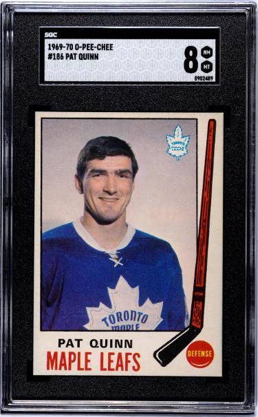 Pat Quinn 1969-70 O-Pee-Chee NHL Rookie (RC) Card #186- SGC Graded 8 NM-MT (Toronto Maple Leafs/HOF)