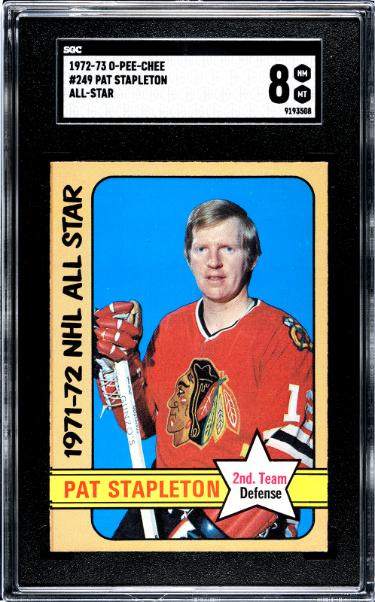 Pat Stapleton 1972-73 O-Pee-Chee All-Star NHL Card #249-SGC Graded 8 NM-MT (Chicago Blackhawks)