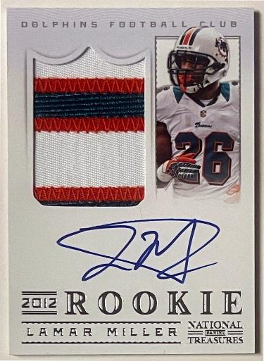 Lamar Miller signed 2012 Panini National Treasures Patch Rookie On Card Auto #312- /99 (Miami Dolphins)