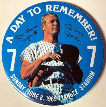 Mickey Mantle 4'' Souvenir Pin Button A Day To Remember 6/8/1969/ Yankee Stadium