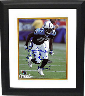 Kevin Dyson signed Tennessee Titans Action 8x10 Photo Custom Framing w/ triple Music City Miracle, 01/08/00 & AFC Champs!!